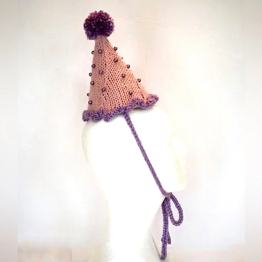 NWT Hand Knit Pink and Purple Party Hat with Faux Pearls One Size Fits Most